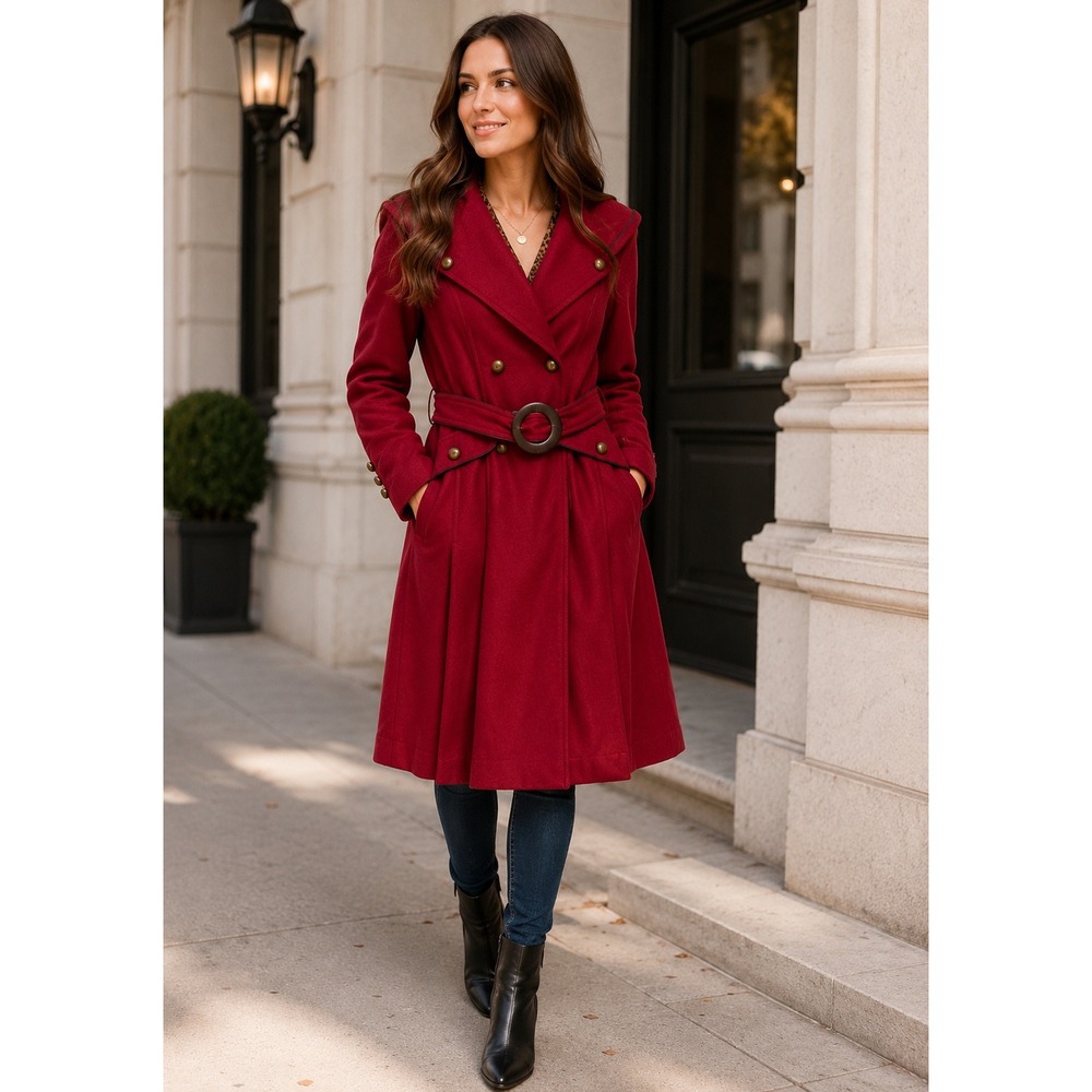 Soft Surroundings Trench Coat Womens M Red Wool Belted Classic Work Career Chic